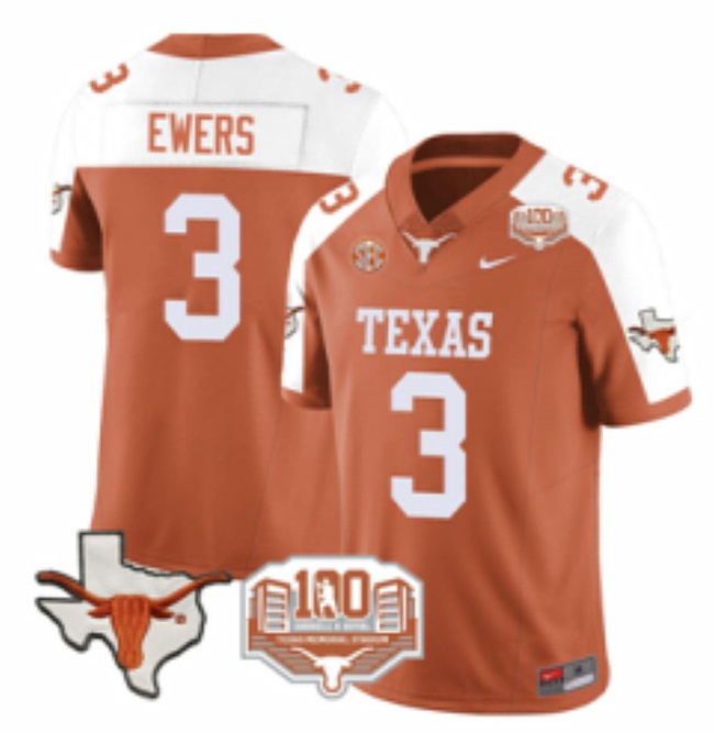 Women's Texas Longhorns #3 Quinn Ewers Orange/White F.U.S.E 100 years of Darrell K Royal Map & SEC Patch Stitched Jersey(Run Small)